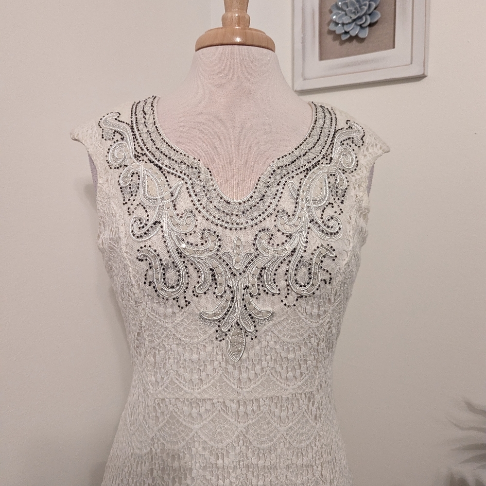 Reba Vintage Lace Boho Embroidered Beaded Cap Sleeve Midi Dress Cream Medium - Picture 2 of 8